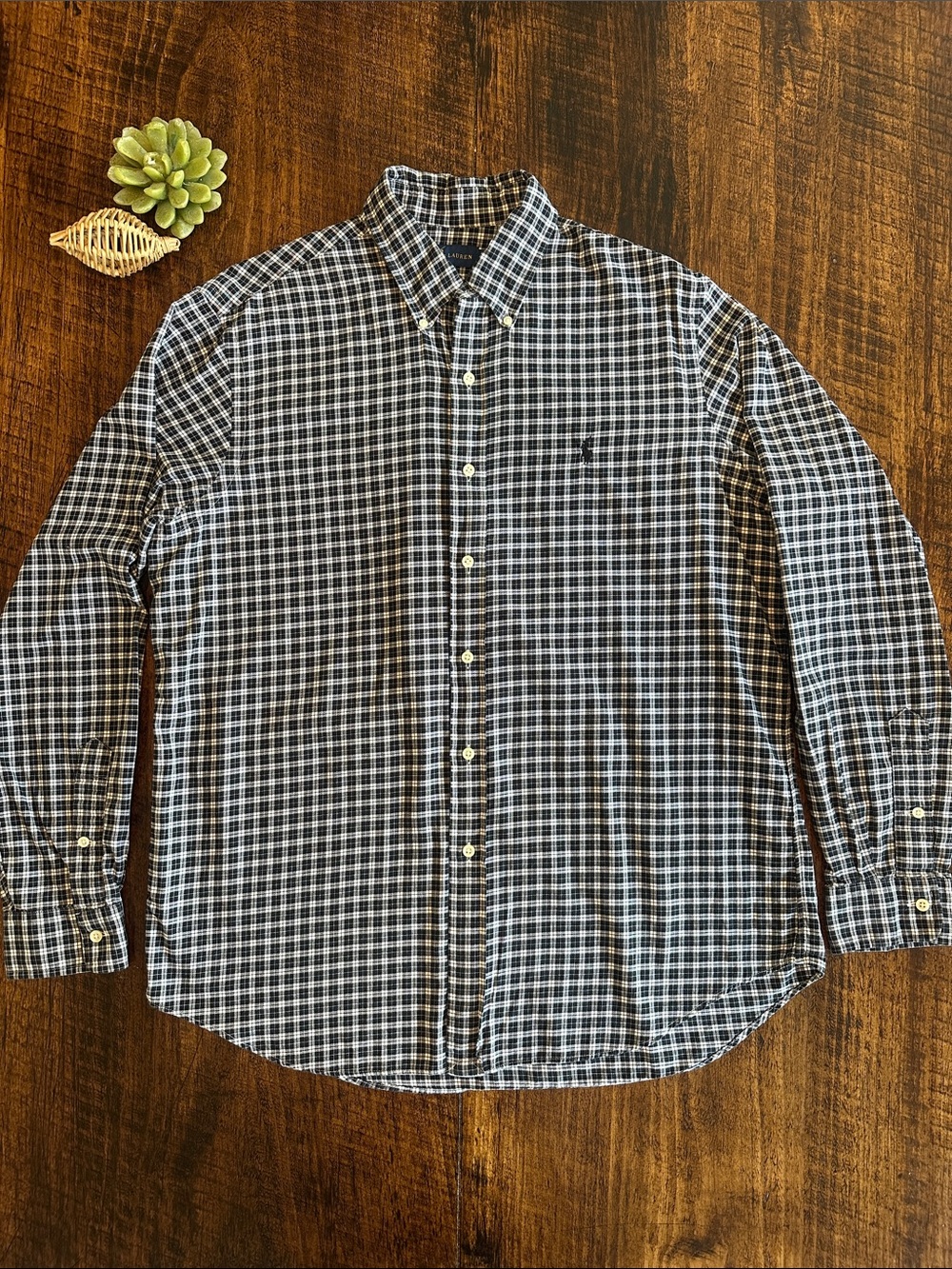 Ralph Lauren | Black White Plaid Long Sleeve Button Down Shirt, Size L